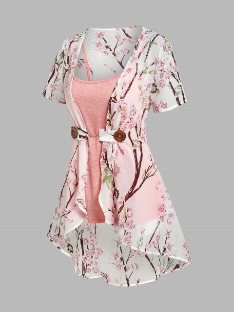 Vacation Chiffon Irregular Allover Peach Blossom Floral Print Blouse and Camisole Set