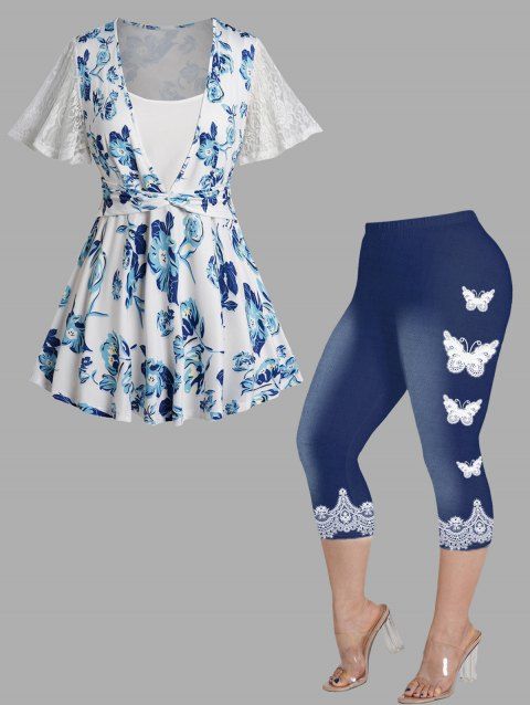 Plus Size Flower Allover Print Lace Top and Butterfly 3D Print Cropped Leggings Casual Outfit