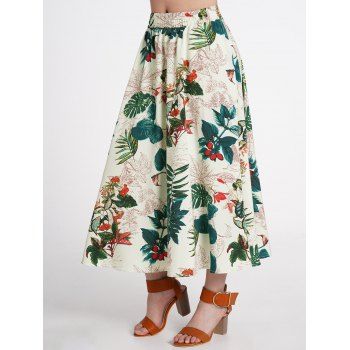 

Tropical Plant Print Skirt Elastic Waist A Line Vacation Beach Skirt, Green