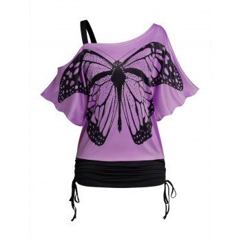 

Plus Size Butterfly Print T Shirt Skew Neck Short Sleeve Cinched Side Casual Tee, Light purple