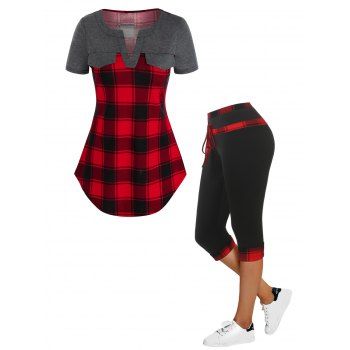 

Plaid Flap Detail Curved Tee and High Rise Plaid Skinny Capri Pants Casual Outfit, Multicolor