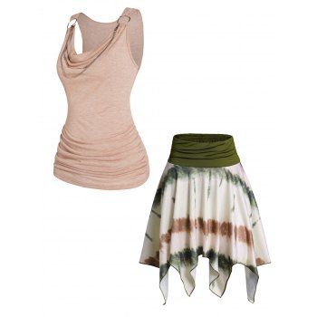 

Draped Ruched Chain Embellishment Tank Top And Tie Dye Print Asymmetric Mini Handkerchief Skirt Casual Outfit, Multicolor