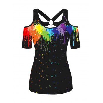 

Cold Shoulder Short Sleeve T-shirt Cut Out Colorful Splatter Painting Print O Ring Tee, Black