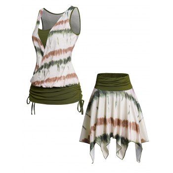

Tie Dye Print Colorblock Cinched Crossover Faux Twinset Tank Top And Contrast Color Asymmetric Mini Skirt Outfit, Multicolor