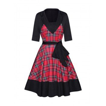 

Plaid Houndstooth Pattern Dress Self Belted Short Sleeve High Waisted A Line Mini Dress, Red