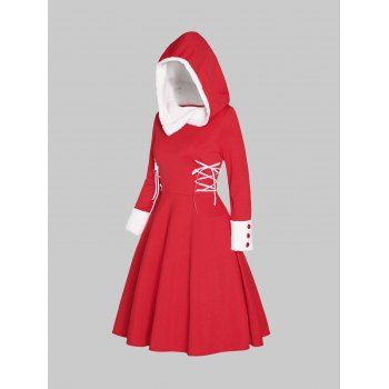 

Two Tone Color Hoodie Dress Faux Fur Panel Lace Up Long Sleeve A Line Mini Christmas Hooded Dress, Red