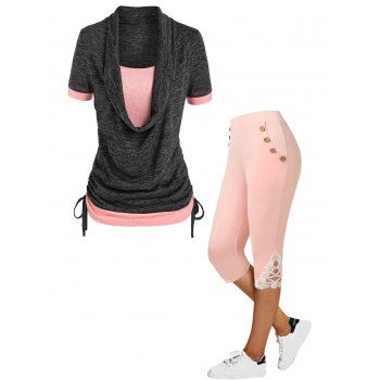 

Colorblock Cowl Neck Cinched Draped Twofer T Shirt And Lace Applique Capri Leggings Casual Outfit, Light pink