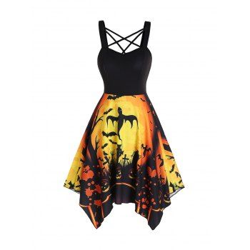 

Halloween Pumpkin Ghost Bat Cross Print Asymmetric Dress Crisscross Backless Handkerchief Dress, Dark orange