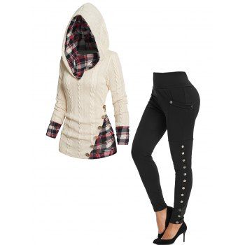 

Twisted Cable Knit Plaid Print Hooded Sweater And Pocket Snap Button Side Leggings Casual Outfit, Multicolor