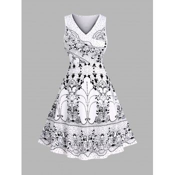 

Tribal Flower Butterfly Dots Allover Print A Line Dress Crossover V Neck Sleeveless Dress, Black