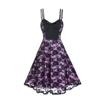 

Casual Sundress Flower Lace Overlay Colorblock Bowknot Dual Strap High Waisted A Line Mini Dress, Light purple