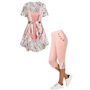 

Vacation Chiffon Irregular Allover Peach Blossom Floral Print Blouse Heather Camisole Set and High Waisted Lace Applique Capri Leggings Casual Outfit, Light pink
