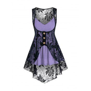 

Heathered Flare Skirted Cami Top and Mock Button Slit Flower Lace Vest Set, Light purple