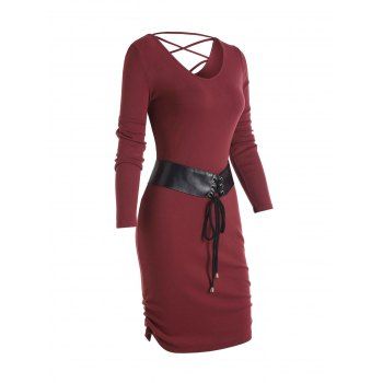 

Contrast Corset Belt Criss Cross Ruched Bodycon Slinky Dress, Deep red