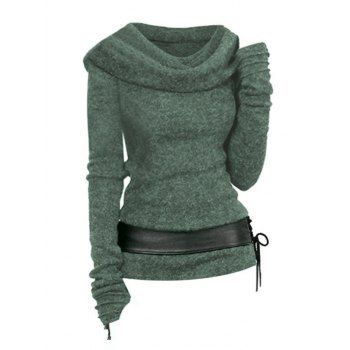 

Hooded Cowl Front Belted Lace Up Sweater, Deep green