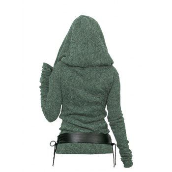 Hooded Cowl Front Belted Lace Up Sweater 