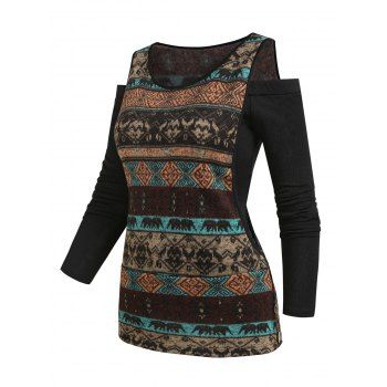 

Tribal Pattern Fleece Vest and Off The Shoulder T-shirt, Black