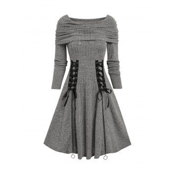 

Convertible Foldover Boat Neck Lace Up Zippered Dress, Gray