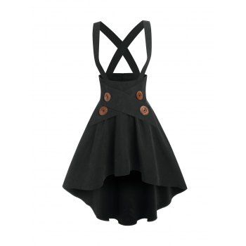 

Mock Button High-low Suspender Skirt, Black
