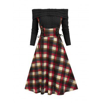 

Vintage Off Shoulder Plaid Lace Up 2 In 1 Dress, Black