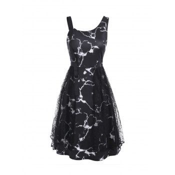 

Marble Print D-ring Lace Panel Asymmetric Neck Dress, Black