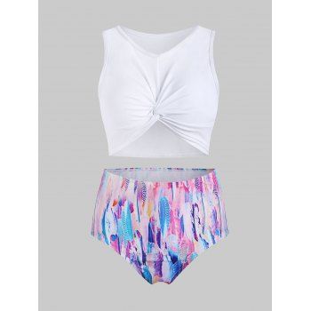 

Bohemian Tankini Swimsuit Colored Feather Print Twisted Front High Waist Two Piece Swimwear, White