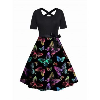 

Plus Size Butterfly Print Belt Dress Crisscross Short Sleeve Casual A Line Dress, Black