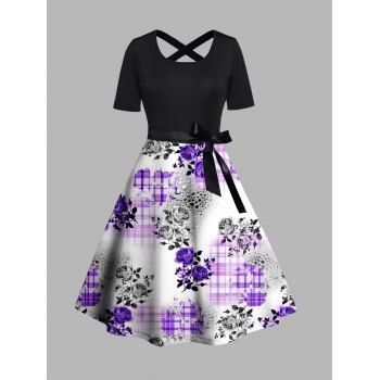 

Plus Size Rose and Check Print Belt Dress Crisscross A Line Casual Midi Dress, Light purple