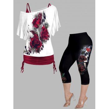 

Plus Size Flower Paint Print Skew Collar Tops and Cropped Capri Leggings Outfit, Multicolor a