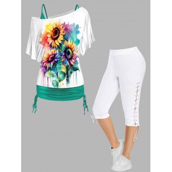 

Plus Size Sunflower Print Oblique Shoulder Tops and Lace Up Eyelet Capri Leggings Outfit, Green