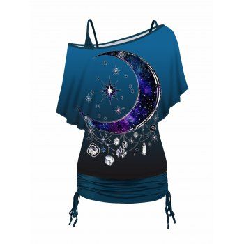 

Dreamy Moon and Star Print Skew Neck T Shirt and Cinched Ruched Camisole Set, Deep blue