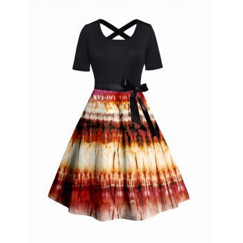 

Plus Size Tie Dye Ombre Print Belt Dress Crisscross Short Sleeve Casual A Line Midi Dress, Orange