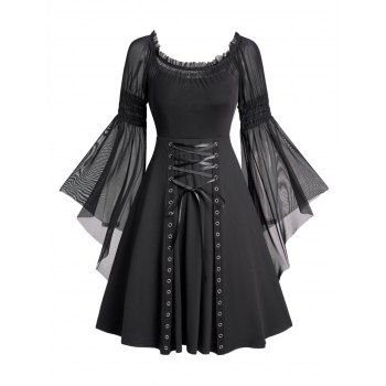 

Grommet Lace Up Gothic Dress Mesh Flare Sleeve Ruffle Trim Mini Dress, Black