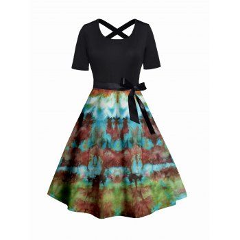 

Plus Size Tie Dye Print Belt Dress Crisscross A Line Vintage Midi Dress, Green
