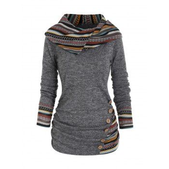 Tribal Geometric Stripe Panel Hooded Knit Top Long Sleeve Mock Button Knitted Top 