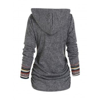Tribal Geometric Stripe Panel Hooded Knit Top Long Sleeve Mock Button Knitted Top 