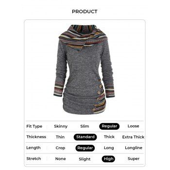 Tribal Geometric Stripe Panel Hooded Knit Top Long Sleeve Mock Button Knitted Top 