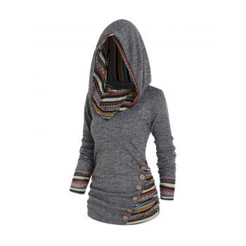 

Tribal Geometric Stripe Panel Hooded Knit Top Long Sleeve Mock Button Knitted Top, Gray