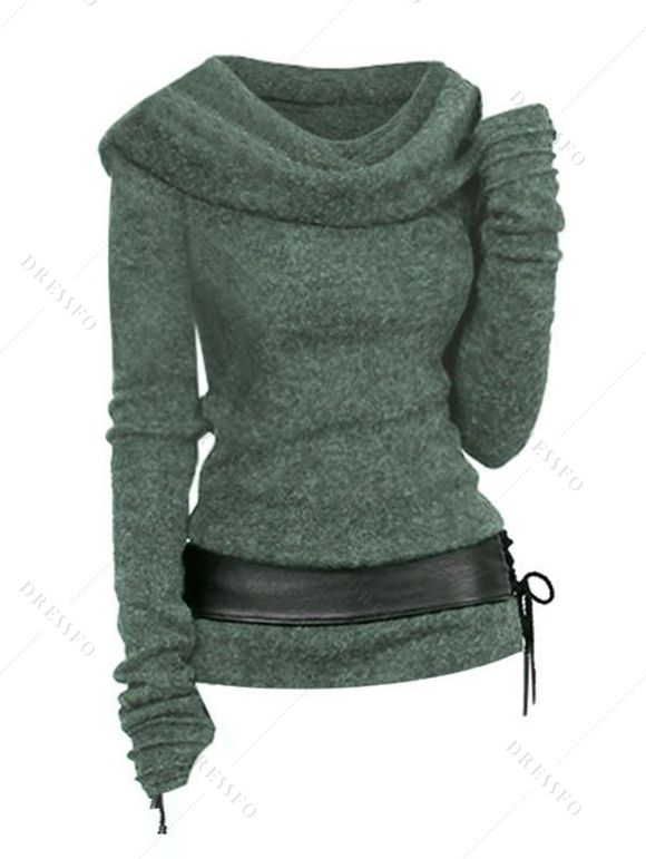 Hooded Cowl Front Belted Lace Up Sweater - DEEP GREEN M