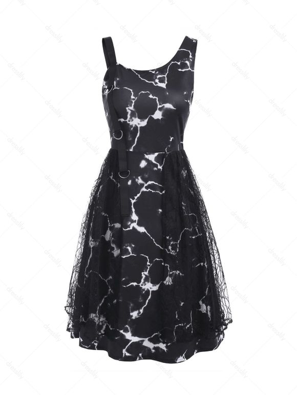 Marble Print D-ring Lace Panel Asymmetric Neck Dress - BLACK M
