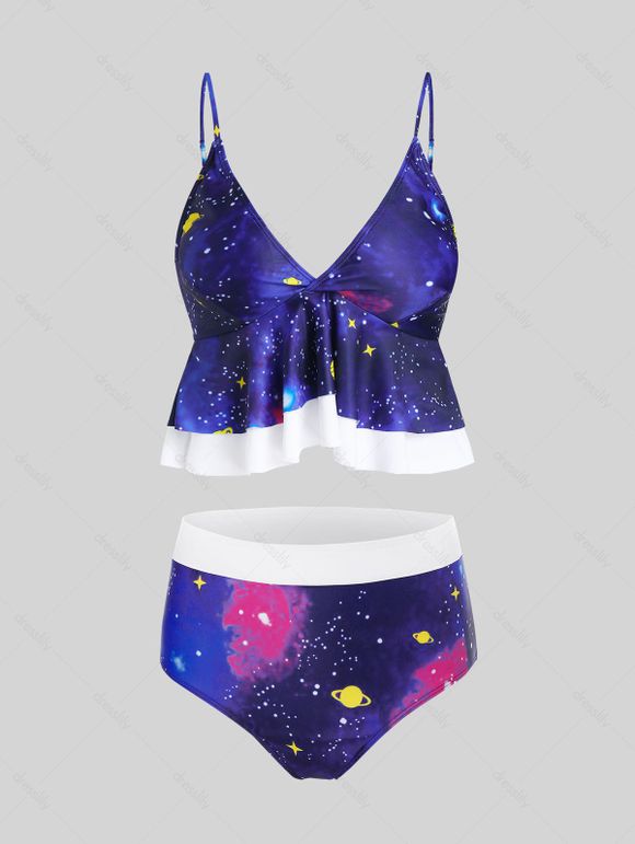 Galaxy Tummy Control Swimsuit Peplum Flounce Tankini Swimwear Set - multicolor A M