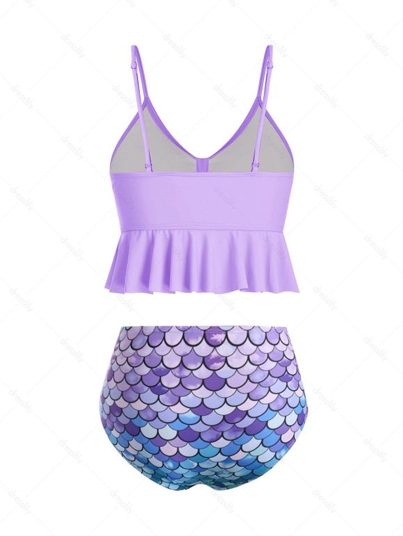 Maillot de Bain Tankini Sirène Gainant Noué à Imprimé Ecale de Poisson à Volants à Taille Haute - Mauve S