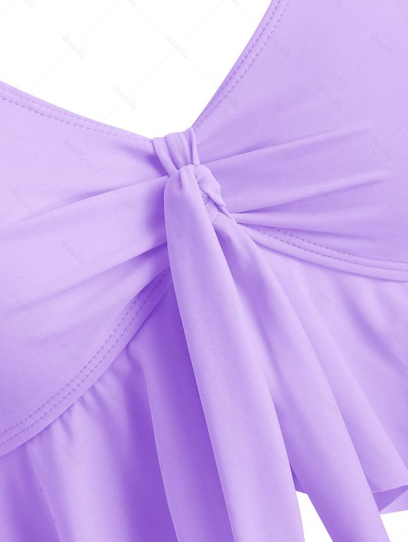 Maillot de Bain Tankini Sirène Gainant Noué à Imprimé Ecale de Poisson à Volants à Taille Haute - Mauve S