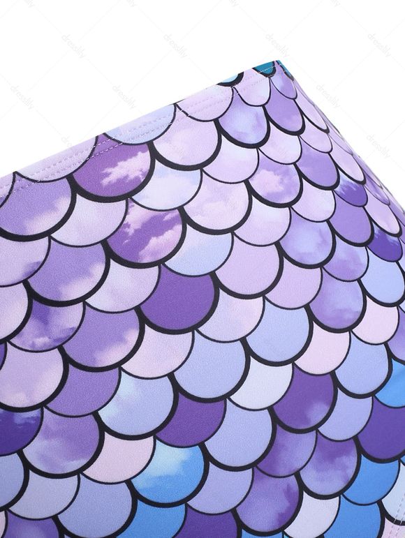 Maillot de Bain Tankini Sirène Gainant Noué à Imprimé Ecale de Poisson à Volants à Taille Haute - Mauve S