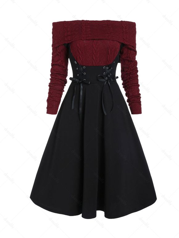Lace Up Corset Style Knit Mixed Media Off Shoulder Dress - multicolor A L