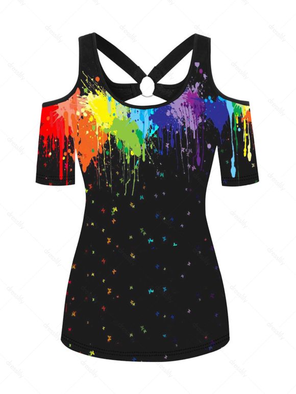 T-shirt Découpé à Imprimé Peinture Eclaboussée Colorée Anneau en O à Manches Courtes - Noir S