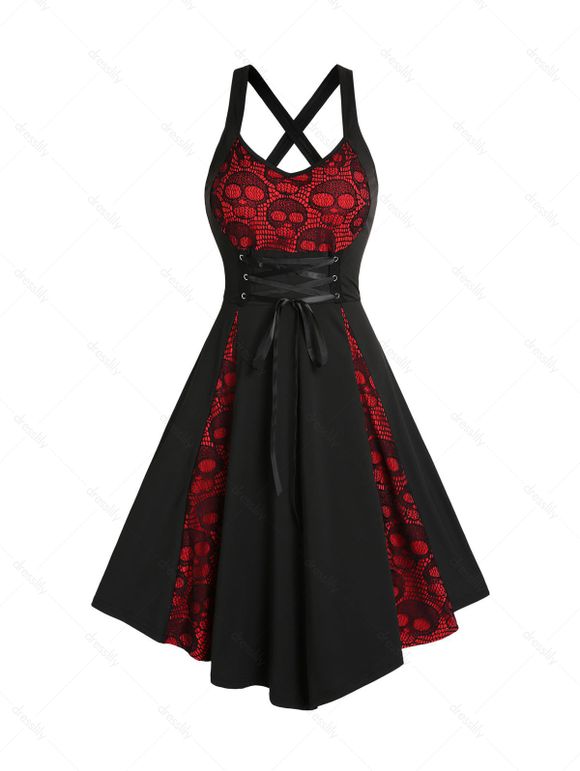 Gothic Dress Skull Lace Godet Dress Lace Up Cross Back A Line Dress - BLACK XXL