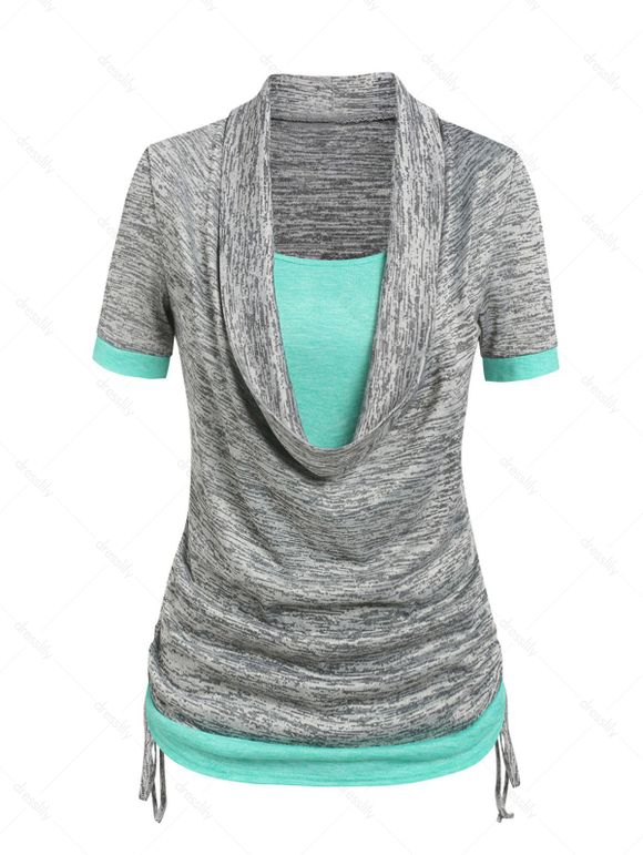 T-shirt en Blocs de Couleurs à Col Bénitier 2 en 1 - Gris Clair S