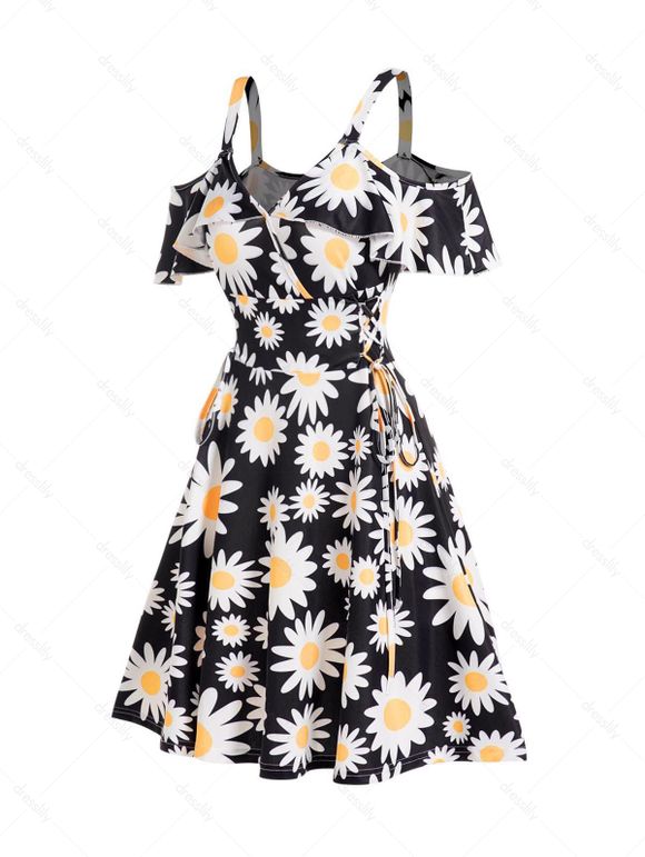 Flower Print Dress Cold Shoulder Ruffle High Waisted Lace Up A Line Mini Dress - BLACK S