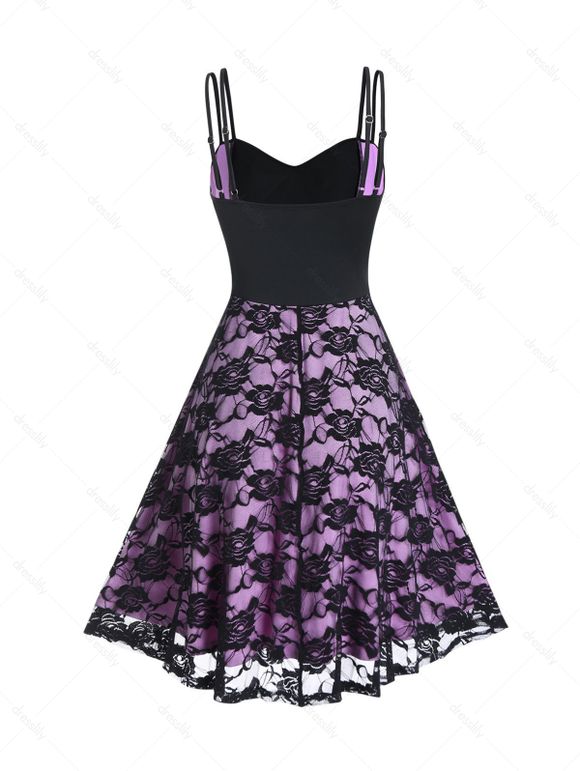 Mini Robe D'Eté Décontractée Fleur en Blocs de Couleurs Superposée à Taille Haute avec Nœud Papillon - Violet clair M